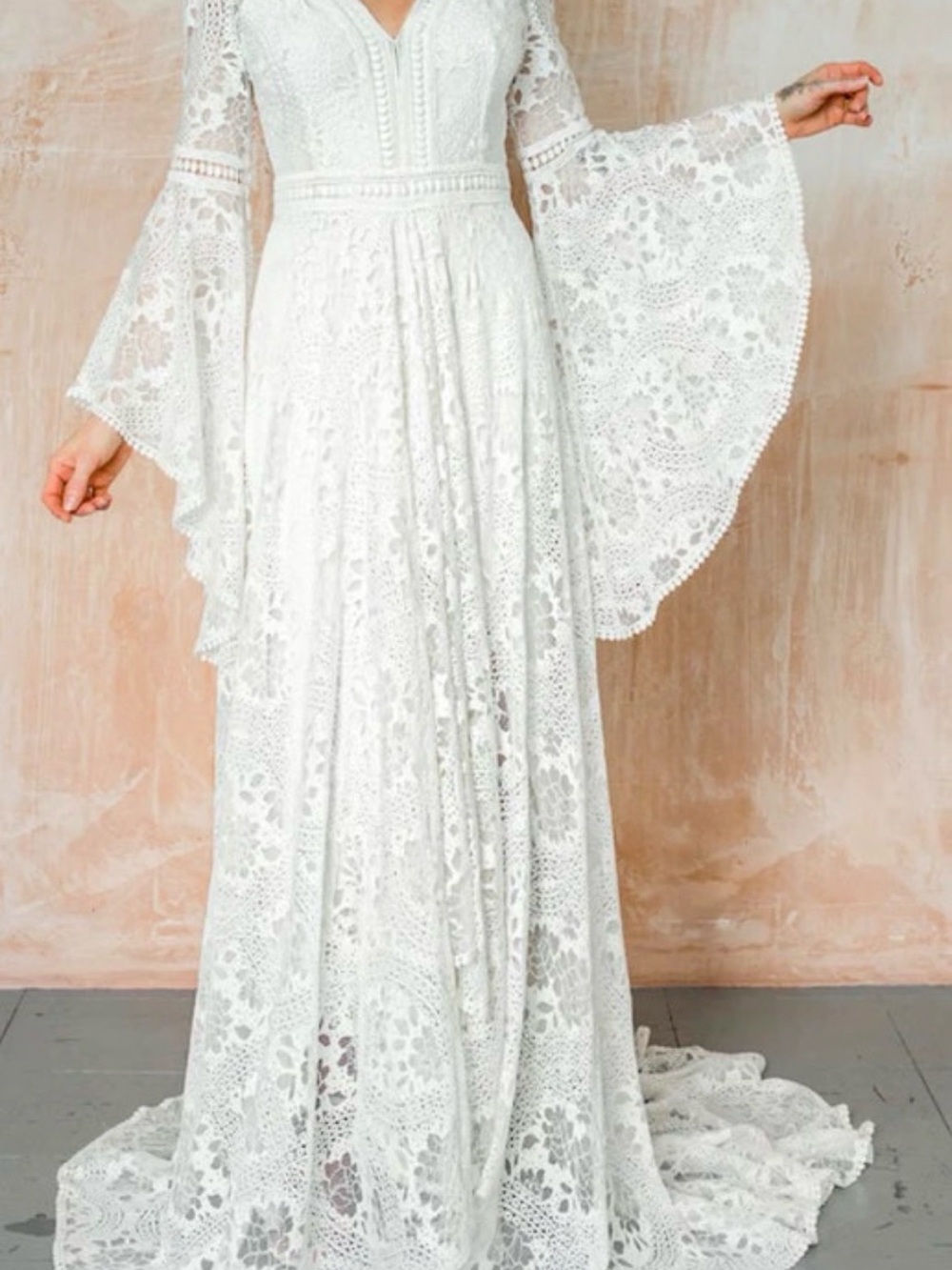 Lace Bell-Sleeve Maxi Dress in White